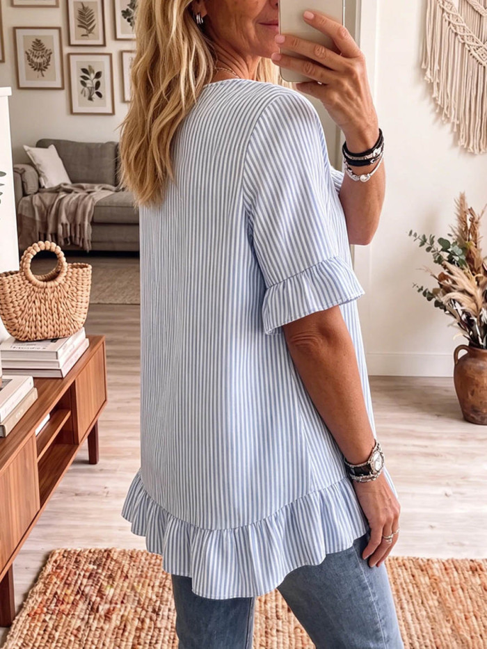 Striped Ruffle Trim Pleated Ruffle Sleeves Plus Size Round-Neck Blouses&Shirts Tops