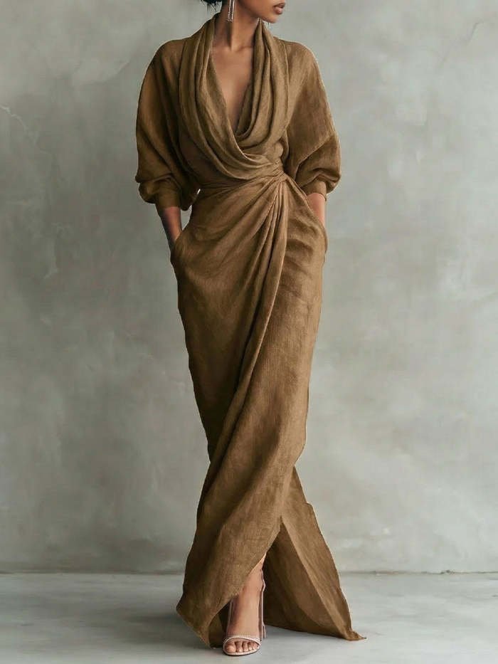 Women's Elegant Long-sleeve Cowl-neck Dress
