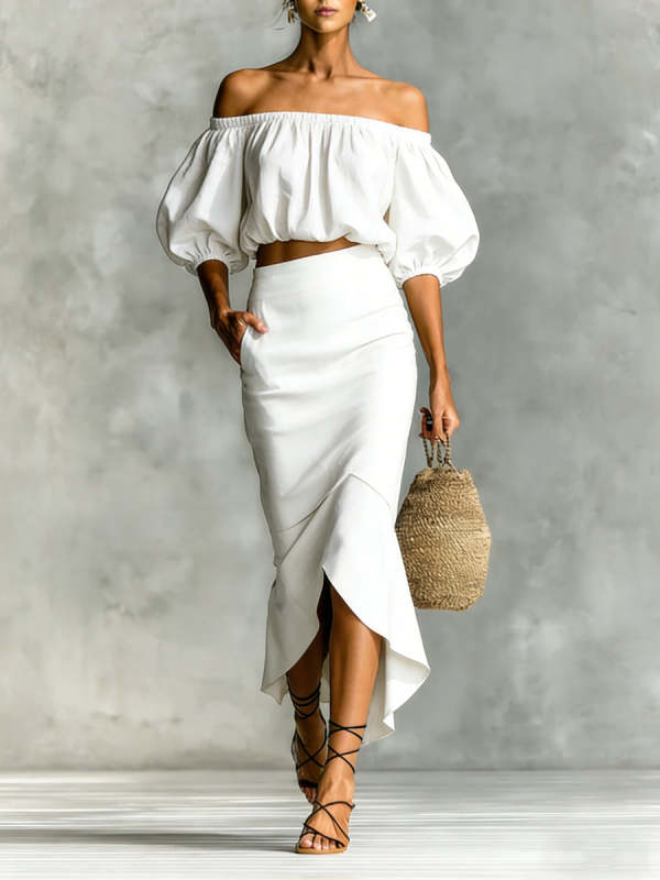 Women's Minimalist Cotton-linen Blend Off-shoulder Skirt Set