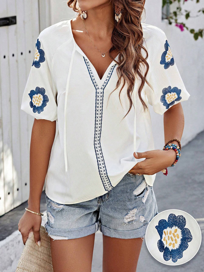 Tied Embroidered Contrast Color Puff Sleeves Loose V-neck Blouses&shirts Tops