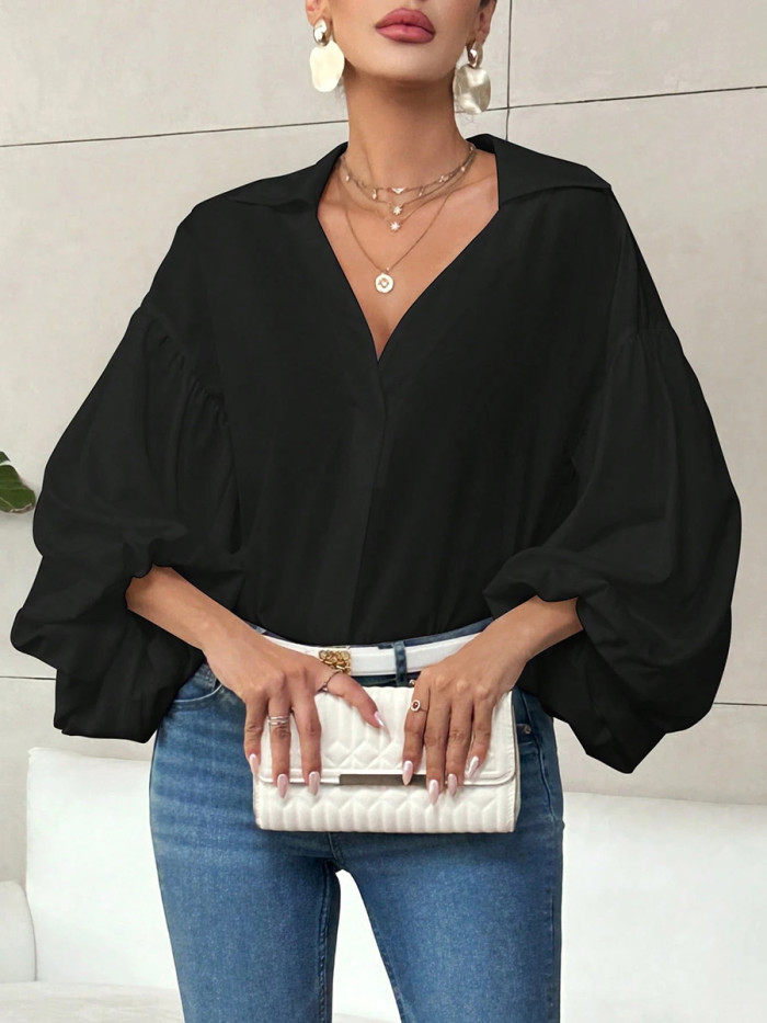 Split-Joint Solid Color Pleated Puff Sleeves Loose Lapel Blouses&Shirts Tops