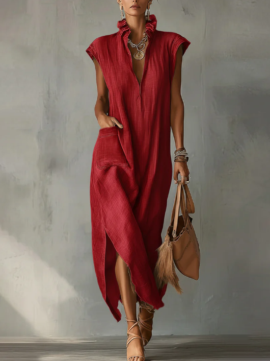 Women's Ruffle Collar Cotton Linen Midi Dress – Elegant Summer Dress
