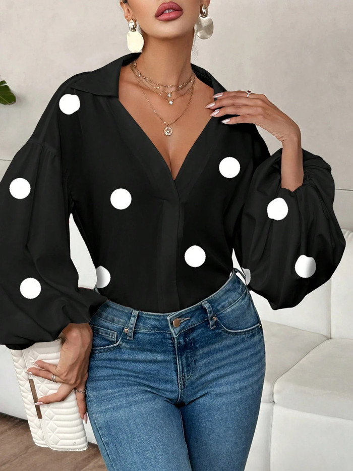 Split-Joint Polka Dot Pleated Contrast Color Puff Sleeves Loose Lapel Blouses&Shirts Tops
