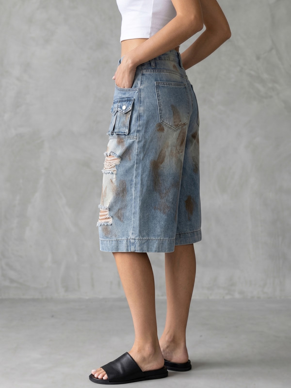 Split-Joint Pockets Hollow Buttoned Wide Leg High Waisted Jean Pants Bottoms