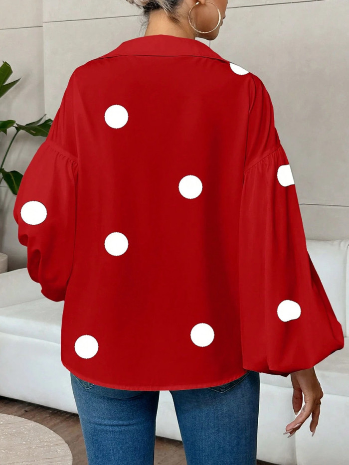 Split-Joint Polka Dot Pleated Contrast Color Puff Sleeves Loose Lapel Blouses&Shirts Tops