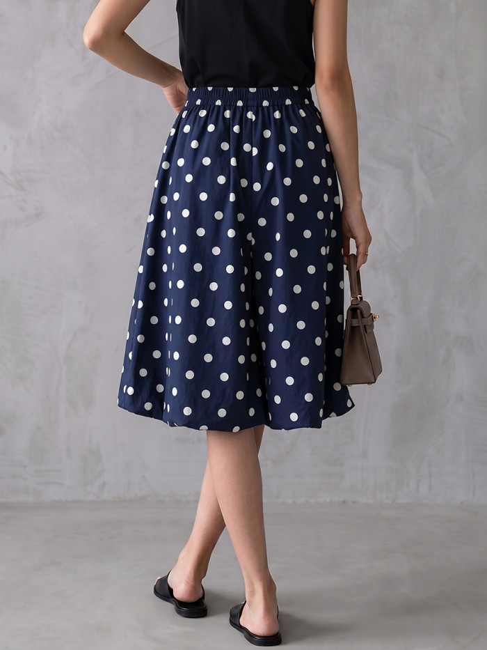 Polka Dot Pleated Elasticity Contrast Color Loose High Waisted Cropped Trousers
