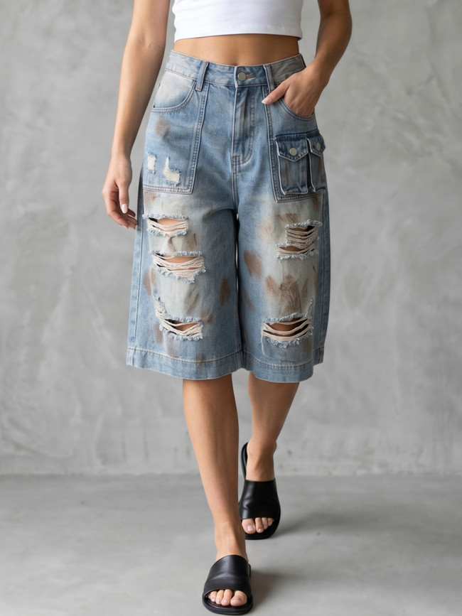 Split-Joint Pockets Hollow Buttoned Wide Leg High Waisted Jean Pants Bottoms