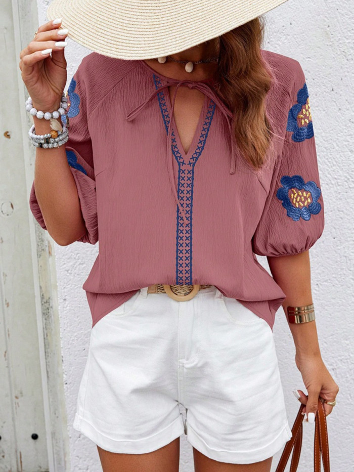 Tied Embroidered Contrast Color Puff Sleeves Loose V-neck Blouses&shirts Tops