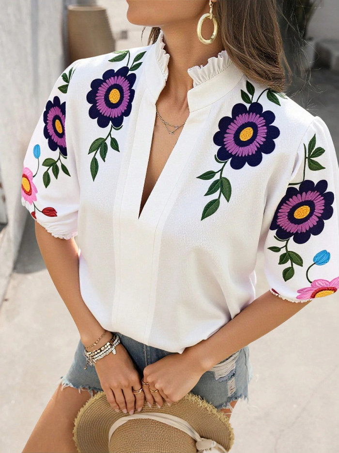 Ruffle Trim Flower Print Contrast Color Short Sleeves Puff Sleeves Stand Collar Blouses&Shirts Tops