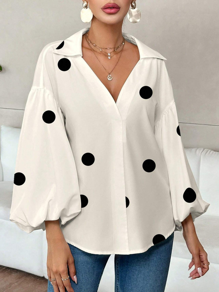 Split-Joint Polka Dot Pleated Contrast Color Puff Sleeves Loose Lapel Blouses&Shirts Tops