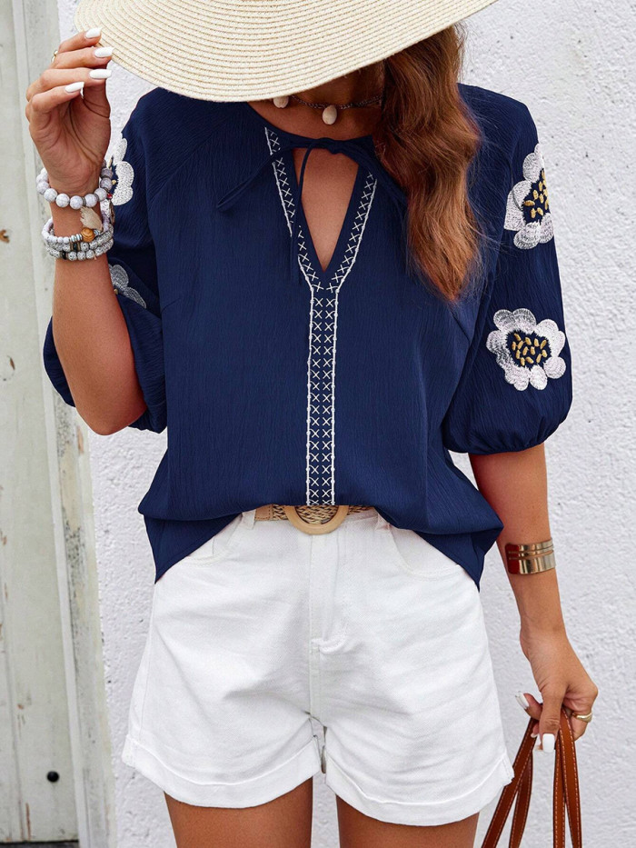 Tied Embroidered Contrast Color Puff Sleeves Loose V-neck Blouses&shirts Tops