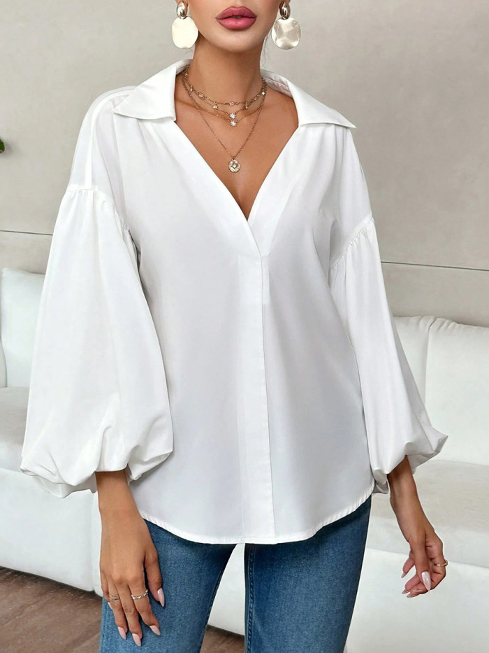 Split-Joint Solid Color Pleated Puff Sleeves Loose Lapel Blouses&Shirts Tops