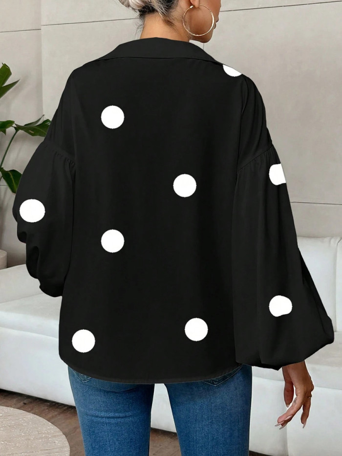 Split-Joint Polka Dot Pleated Contrast Color Puff Sleeves Loose Lapel Blouses&Shirts Tops