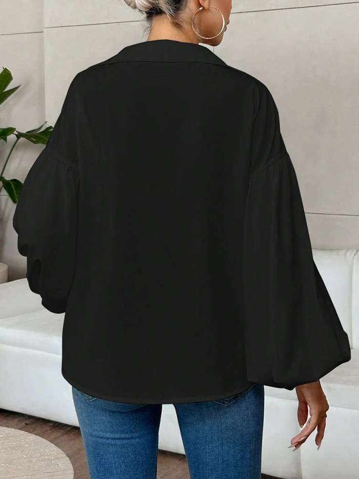 Split-Joint Solid Color Pleated Puff Sleeves Loose Lapel Blouses&Shirts Tops