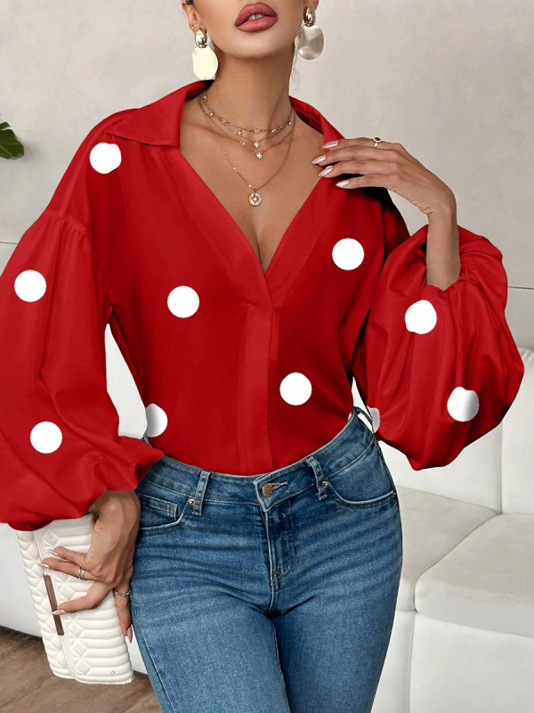 Split-Joint Polka Dot Pleated Contrast Color Puff Sleeves Loose Lapel Blouses&Shirts Tops