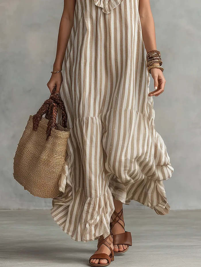 Women's Striped Art Ruffled Neck Casual Stylish Sleeveless Cotton Dress