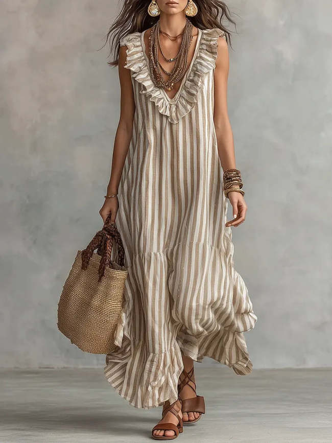 Women's Striped Art Ruffled Neck Casual Stylish Sleeveless Cotton Dress