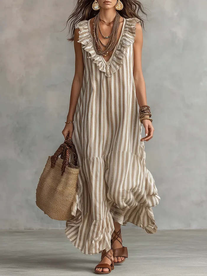 Women's Striped Art Ruffled Neck Casual Stylish Sleeveless Cotton Dress