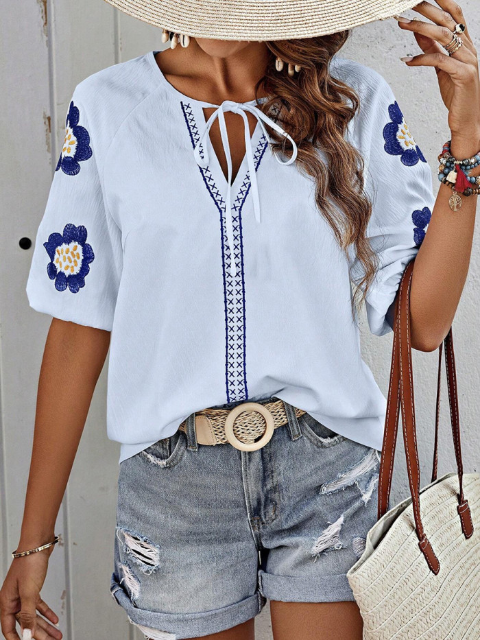 Tied Embroidered Contrast Color Puff Sleeves Loose V-neck Blouses&shirts Tops