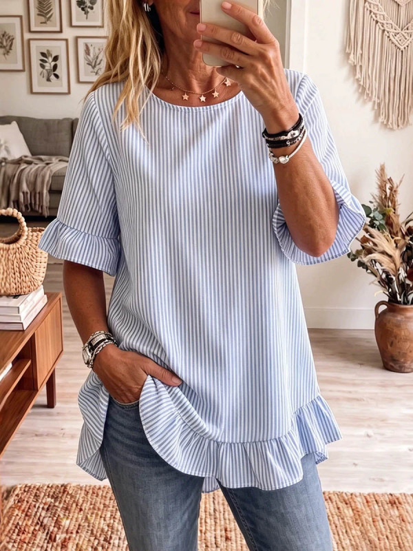 Striped Ruffle Trim Pleated Ruffle Sleeves Plus Size Round-Neck Blouses&Shirts Tops