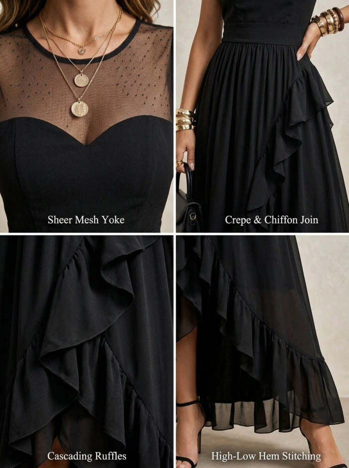 Women's Solid-color High-waisted Asymmetrical Design With Ruffled Sheer Chiffon Maxi Dress