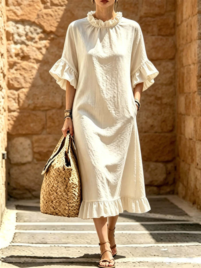 Women's Ruffled Art Casual Short Sleeve Cotton Linen Maxi Dress