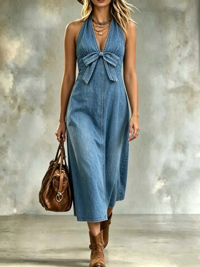 Women's Retro Halter Denim Dress Deep V Neck Bow Knot Backless Maxi Dresses