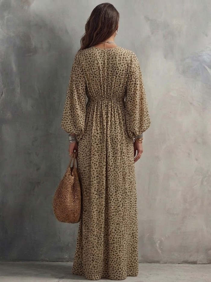 Women's Cinched Waist V-neck Leopard Print Long Dress