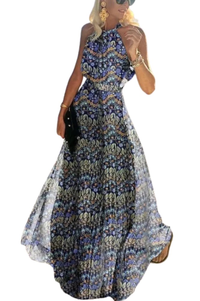 Fashion Sexy Halter Print Pleated Long Dress Women Sweet O Neck Beach Maxi Dress