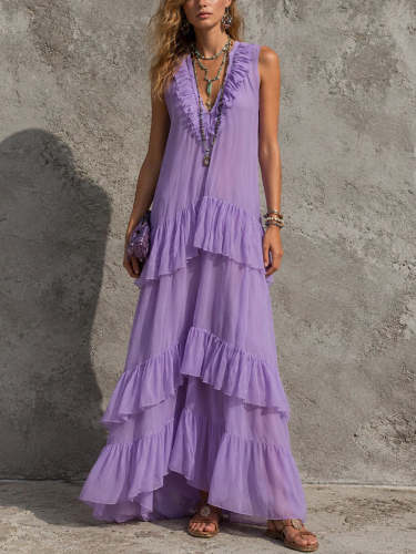 Women's V-neck Sleeveless Ruffle Dress