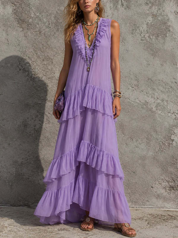 Women's V-neck Sleeveless Ruffle Dress