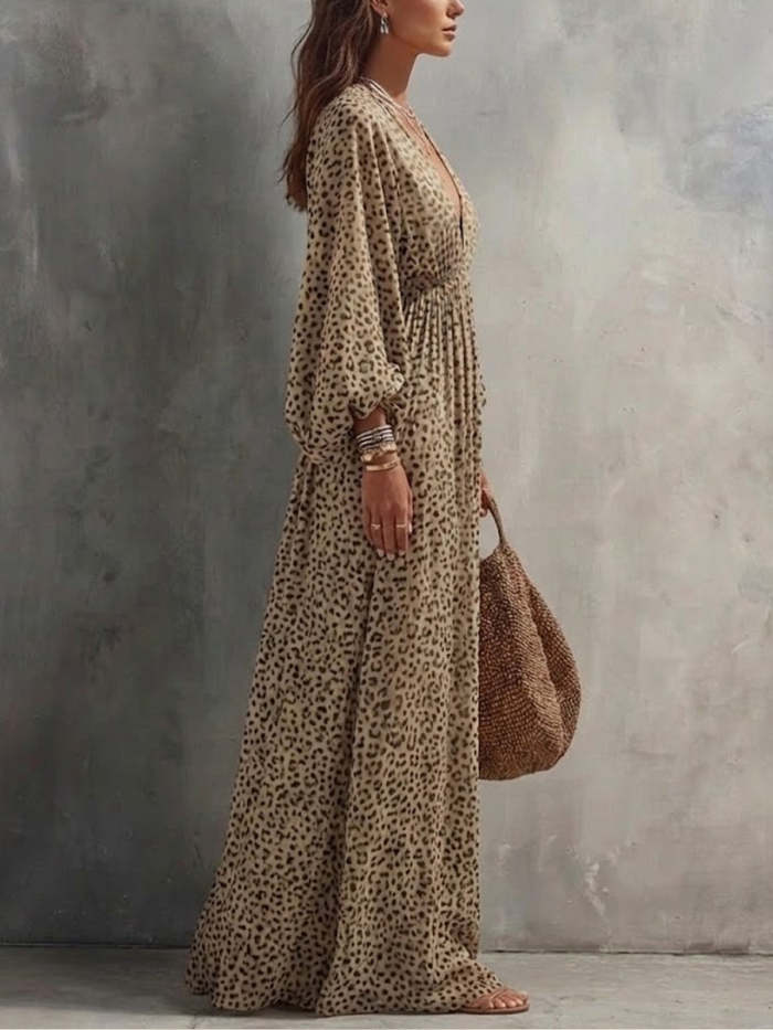 Women's Cinched Waist V-neck Leopard Print Long Dress