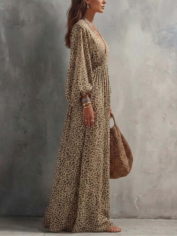 Women's Cinched Waist V-neck Leopard Print Long Dress
