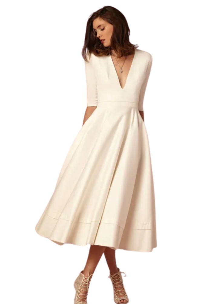New Sexy Deep V Mid Sleeve Dress Midi Dress Skater Dresses