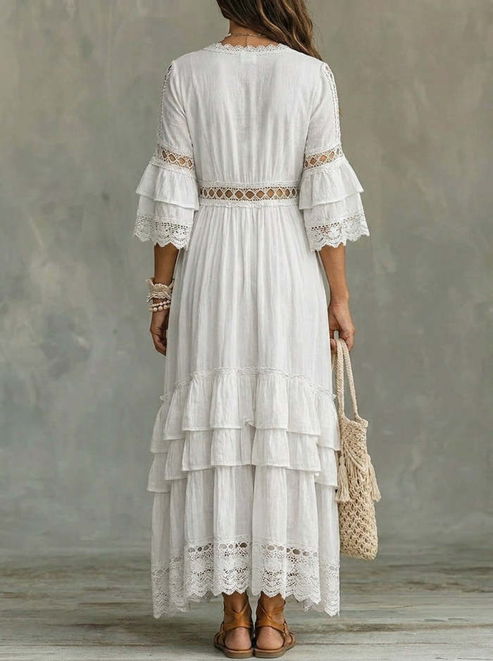 Women's Three-quarter Sleeves Ruffled Cutout Details Maxi Dress
