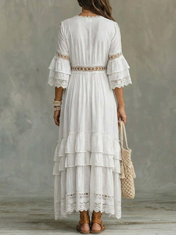 Women's Three-quarter Sleeves Ruffled Cutout Details Maxi Dress