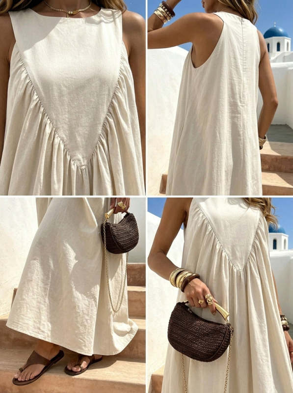 Womenâ€™s Solid-color Shirred Swing Pleated Flowy Casual Pocket Sleeveless Maxi Dress
