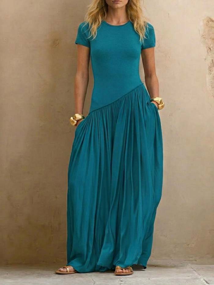 Women's Elegant High-elasticity Round-neck Short-sleeve Pleated Patchwork Causal Pocket Maxi Dress