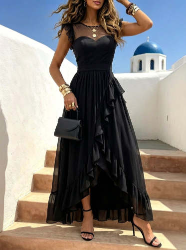 Women's Solid-color High-waisted Asymmetrical Design With Ruffled Sheer Chiffon Maxi Dress