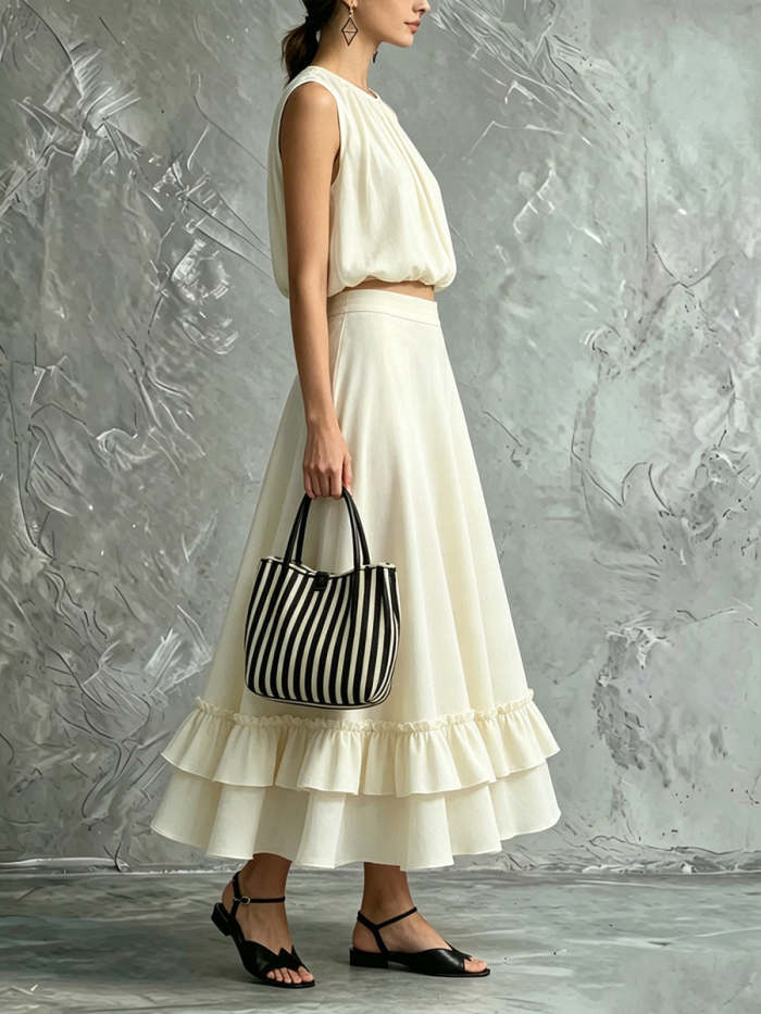 Women's Vintage Cotton-linen Sleeveless Round-neck Top And Ruffled-hem Maxi Skirt Set