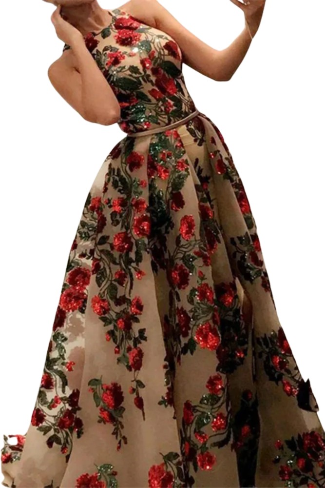 Elegant Solid Sequins Slit O Neck Evening Dress Dresses