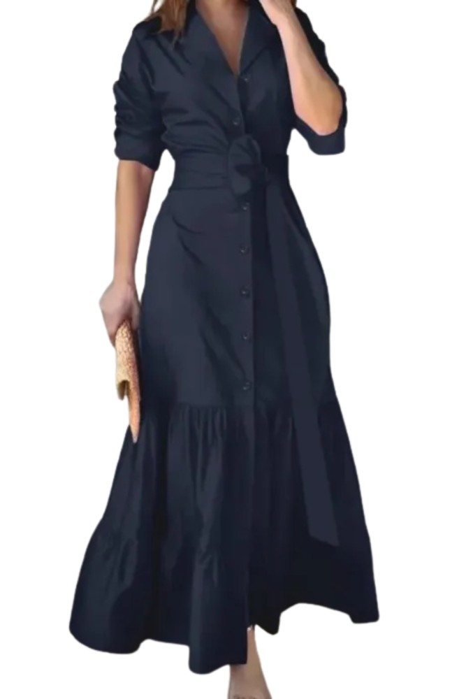 Solid Button Front Belted Dress, Elegant Ruched Sleeve Ruffle Trim Maxi Dress, Women's Clothing