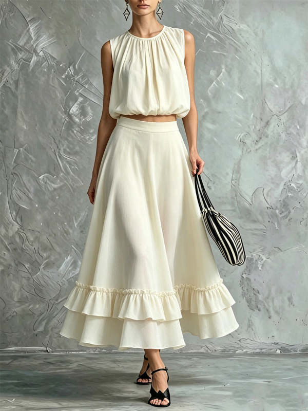 Women's Vintage Cotton-linen Sleeveless Round-neck Top And Ruffled-hem Maxi Skirt Set