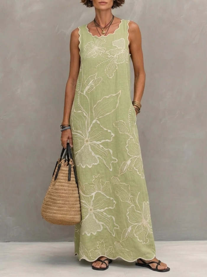 Women's Wavy-edge Floral Sleeveless Pocket Maxi Dress