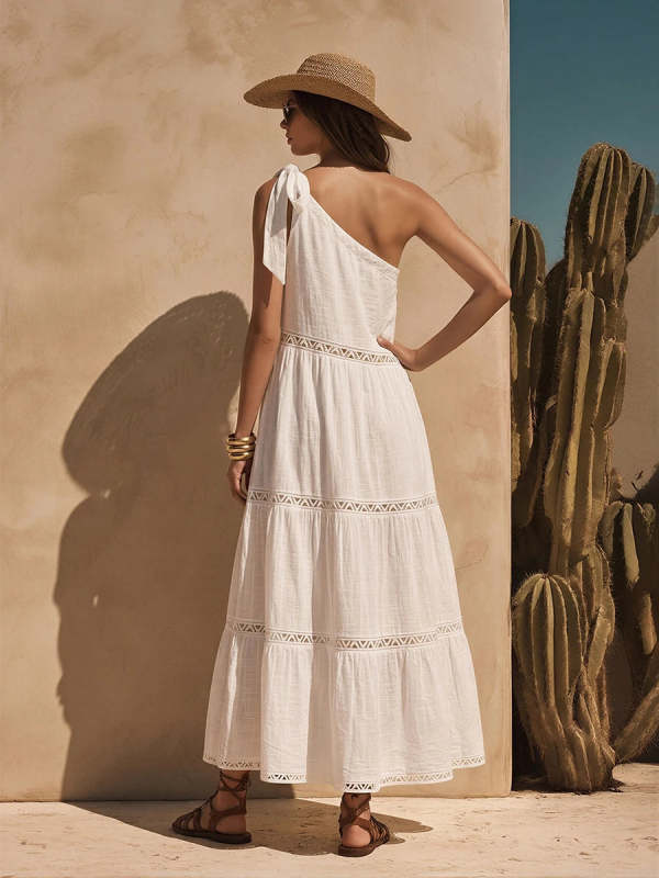 Bohemian One-shoulder Cotton Dress With Spliced webbing Trim