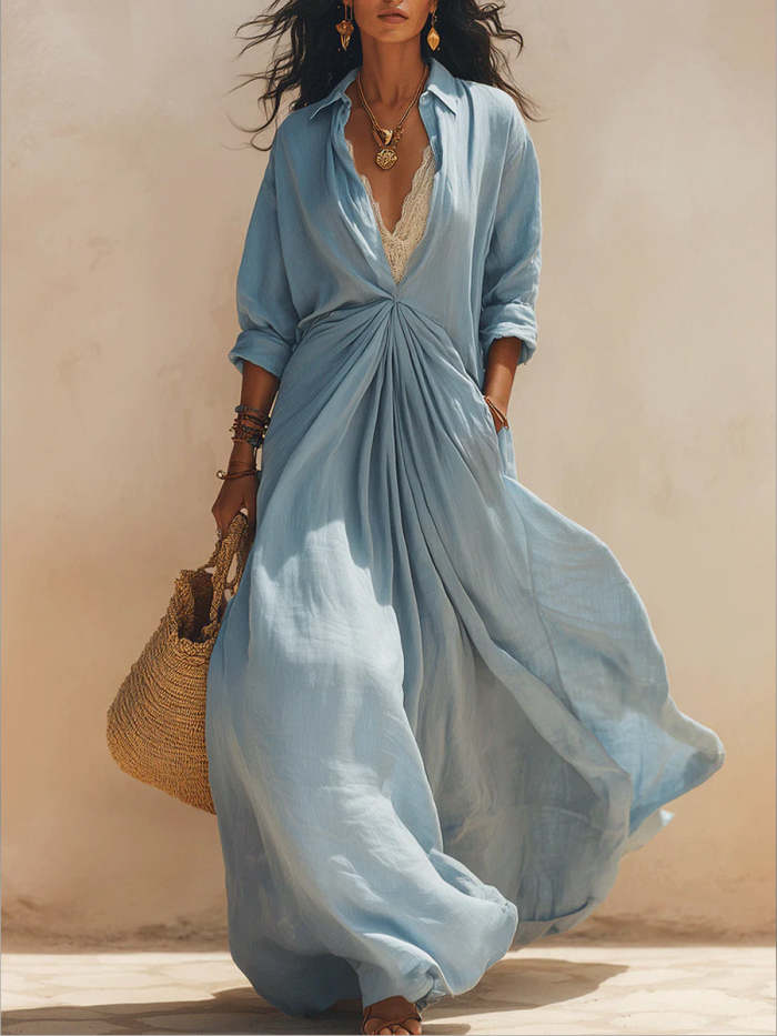 Women's Simple And Gentle Style Cotton And Linen Shirt Dress