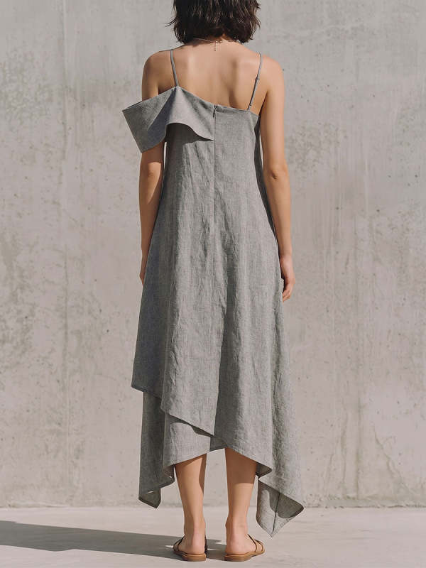 Women's Solid-color Casual Loose Cotton-linen Strappy Dress