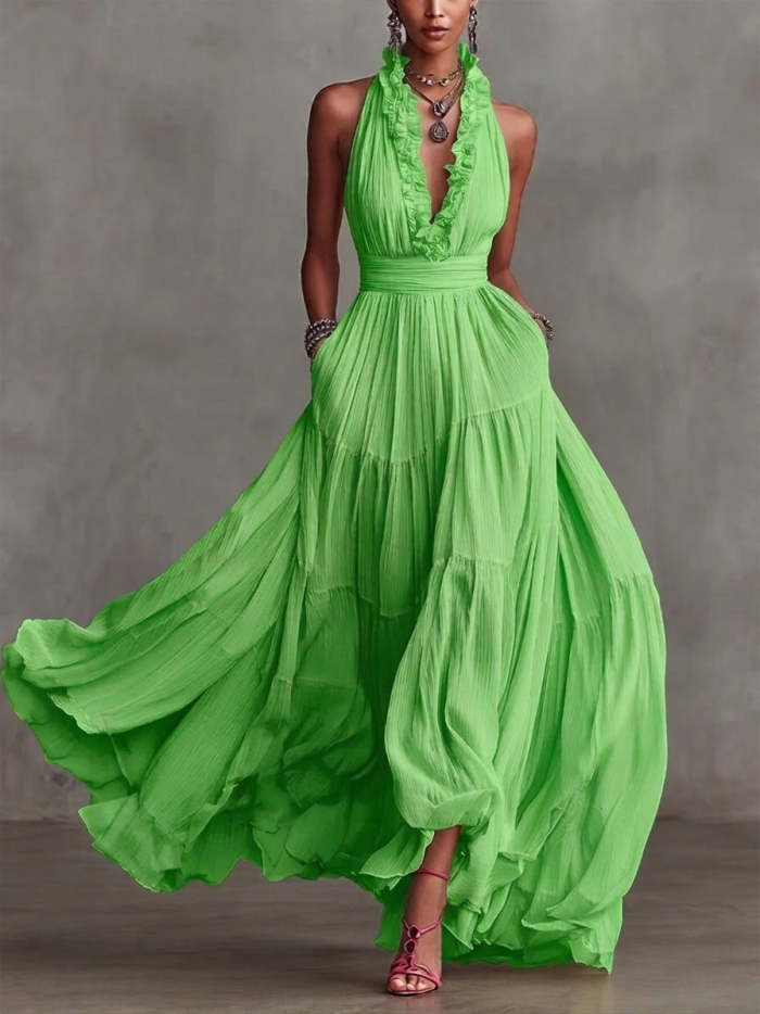 Stylish And Flowing Ruffled Collar Maxi Dress