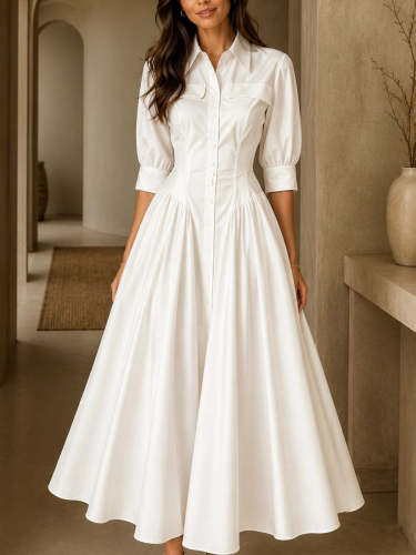 Women's Solid-color A-line Dress â€” Lapel Collar 3/4 Sleeves Loose-fit Cotton-linen Blend