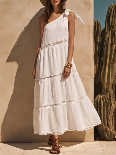 Bohemian One-shoulder Cotton Dress With Spliced webbing Trim